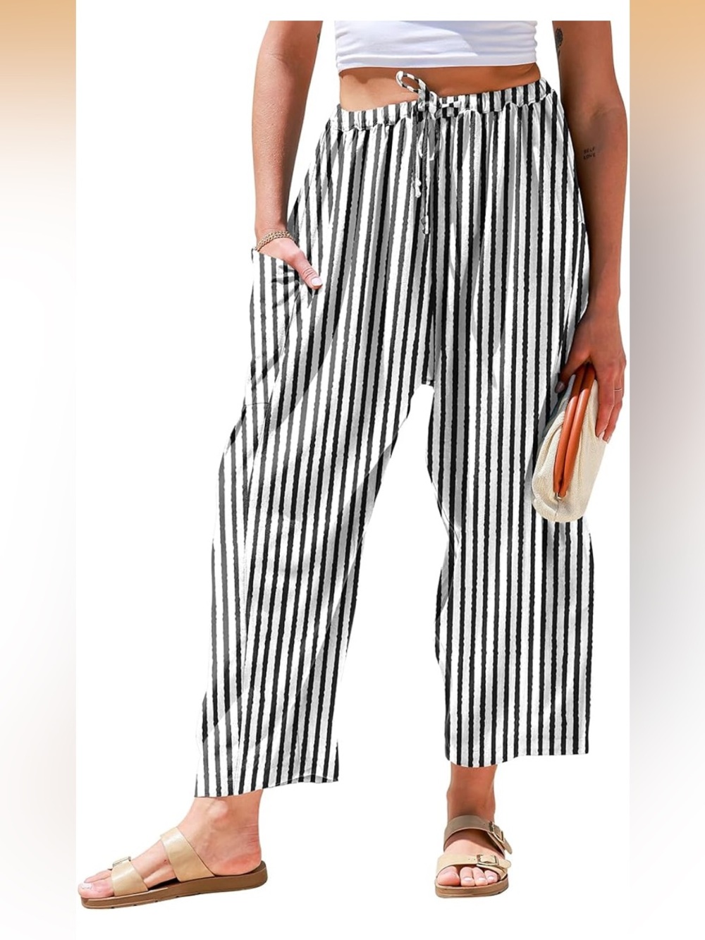 Tarse Women's Dark Grey & White Striped Linen, Wide-Leg  with packets.